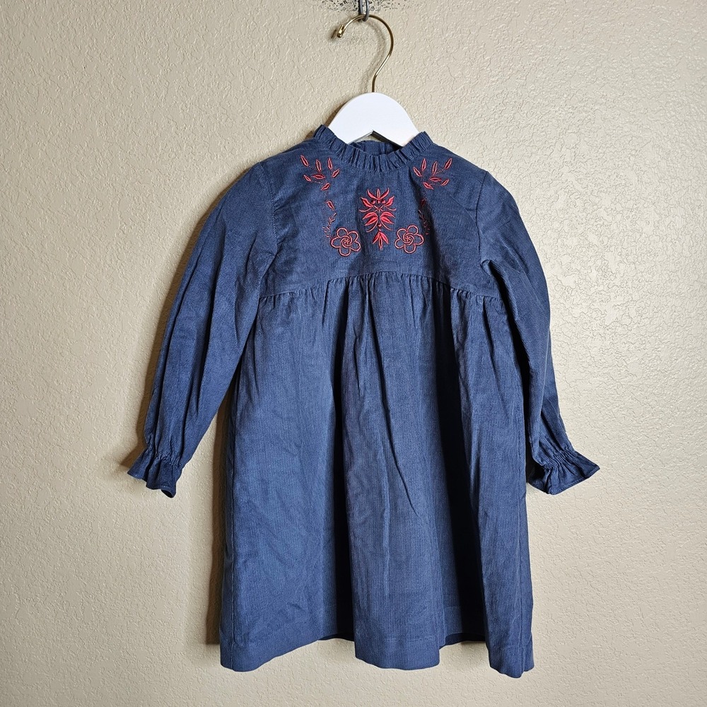La Coqueta Blue Corduroy Embroidered‎ Floral Dress Girls Size 5 Long Sleeve